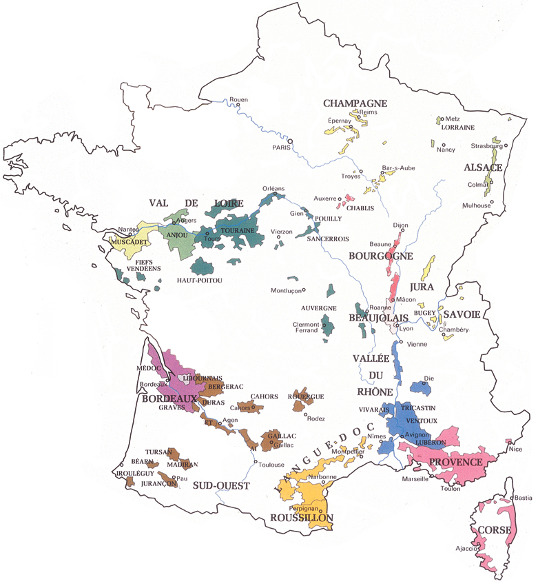 Kort over Frankrigs vindistrikter