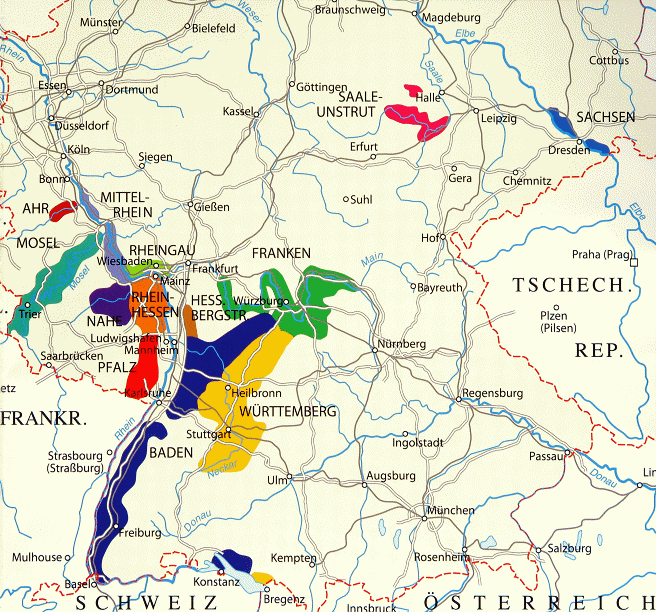 Kort over Tysklands vinregioner